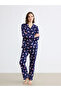 Mg trenden navy blue shirt collar Printed women's pajama set