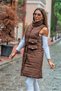 Brown Stand Collar Long Puffer Vest with Pocket Detail - 6