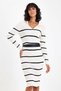White Striped V-Neck Belted Knee-Length Knitwear Dress - 4