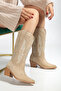 Beige Skin Cream Genuine Suede Stone Studded Perforated Summer Western Cowboy Boots - 5