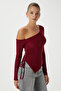 Women's Sierra Asymmetrical Cut Shoulder Detail Sandy Burgundy Blouse - 5