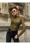 Women's Khaki Half Turtleneck Long Sleeve Slim Fit See-Through Ruffled Lace Blouse - 5