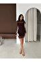 Women's Brown Turtleneck Long Sleeve Lined See-Through Lace Mini Party Dress - 4