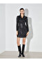 Black Double-Breasted Collar Shiny Textured Mini Dress (W5) - 2