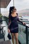 Square Neck Side Gathered Tulle Dress - Navy Blue Navy Blue