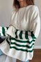 Crew Neck Green Striped Loose Knitwear Sweater Cream - 2