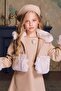 Girl's Collar and Sleeve Tips Plush Detailed Jacket Thick Strap Suede Sleeveless Beige Dress - 5