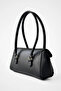 Women's Black Lock Closure Baguette Leather Hand and Shoulder Bag - 3