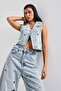 Women's Denim Color 4s6-65 Relaxed Fit Bird's Eye Detailed Design Sleeveless Denim Vest - 4