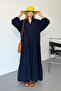 Women's Button Detailed 100% Cotton Long Dress Navy Blue - 26Y 3007 - 3