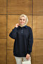 Women's Collar Denim Detail Sweat Navy Blue - 5