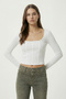 Piped Detail Crop Corded Fabric Knitted Blouse Lze0008 Ekru - 2