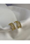 Baguette Row Stone and Side Patterned Hoop Earrings - Golden Baguette Huggie - 2