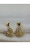 Double Heart Figured Baguette Stone Dangle Steel Earrings - Golden Baguette Heart Drop - 4
