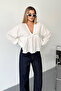 Women's V-Neck Tie Detail 100% Cotton Blouse White - 26Y 1003 - 4
