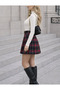 Belted Corset Waist Red Plaid Woven Pleated Skirt - 4