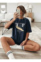 Women's Zebra Pattern Detailed Crew Neck Navy Blue T-Shirt