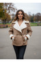 Women's Milk Brown Leather Piped Detail Double-Breasted Collar Tumbled Suede Plush Coat Ayr2261