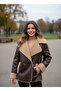 Women's Bitter Brown Leather Piped Detail Double-Breasted Collar Distressed Suede Plush Coat Ayr2261