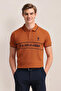 Mens Orange Typographic Printed Cotton Polo Shirt