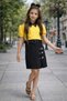 Girl's Shirt Collar Balloon Sleeves Yellow Blouse Hook Detail Belted Skirt Set
