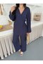 Women's Pocket Detailed Side Tie Elastic Waist Muslin Fabric Kimono Set - 6