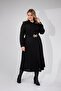 Plus Size Women's Shirt Collar Belt Piece Dress Black