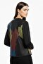 Blue Red Yellow Lona Striped Leather on Tulle Printed Women's Genuine Leather Jacket - 4