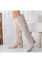 Pitay Premium Bellows Beige Suede Thick Heeled Boots - 4