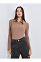 Women Brown Ribbed Polo T-Shirt - 3