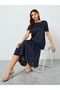 Women Navy Blue Ruffled Hem Midi Dress