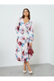 Women Blue Floral Print Balloon Sleeves Midi Dress