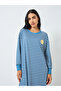 Striped Long Sleeve Sleep Dress with Flower Applique - 2