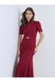 Women Burgundy Mandarin Collar A-Line Midi Dress