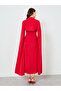 Women Red Slit Cape Sleeve Fitted Waist Maxi Dress - 6