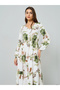 Women Green Floral Print Balloon Sleeves Midi Dress - 2