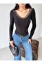 Women's Black Blouse with Lace Collar - 2