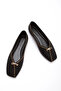 Women's black suede square toe ballet flats with accessories