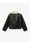 Detachable Faux Fur Collar Leather-Look Crop Jacket with Zipper Pockets - 4