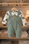 Men's Teddy Bear Patterned Waffle Fabric Printed Long Sleeve Green Baby Romper Set - 6