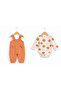 Men's Teddy Bear Patterned Waffle Fabric Printed Long Sleeve Brown Baby Romper Set - 6