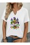 Women's Mardi Gras Printed Half V-Neck Sleeves Regular Fit Casual T-Shirt