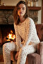 Heart Patterned White Waffle Pajama Set Crew Neck Cotton Relaxed Cut Home Wear