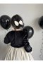 Black Girl's Velvet Linen Fluffy Ethnic Laced Vest Detailed Dress - 4