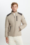 Men's Beige Standard Fit Regular Cut Quilted Patterned Mock Neck Zipper Side Pocket Puffer Coat - 5