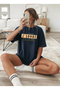 Women's Leopard Detailed J'Adore Written Navy Blue T-Shirt