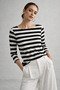 Women's White Striped Boat Neck Above Ankle Long Sleeve Blouse - 6