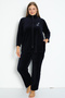 Navy Blue Zippered Cotton Velvet Stone Detailed Long Sleeve Plus Size Top and Bottom Set - 2