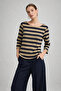 Women's Navy Blue Striped Boat Neck Above Ankle Long Sleeve Blouse - 6