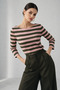 Women's Green Striped Boat Neck Above Ankle Long Sleeve Blouse